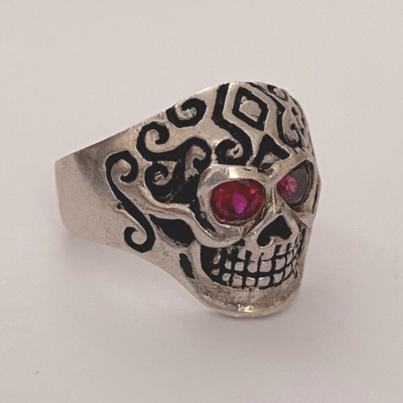 925 sterling silver biker skull ring red cz stone - Picture 3 of 5